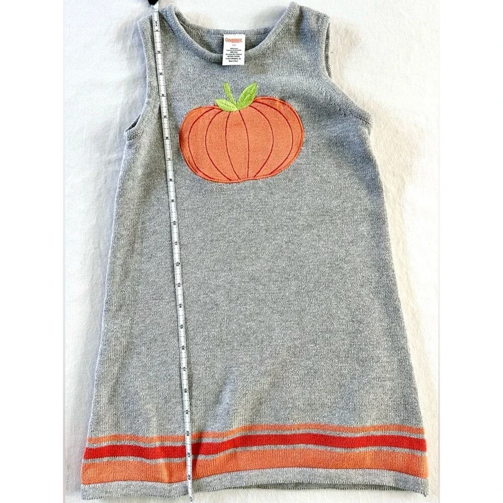 Gymboree Girls Pumpkin Sweater Dress Size 5T Fall Sleeveless Gray Orange